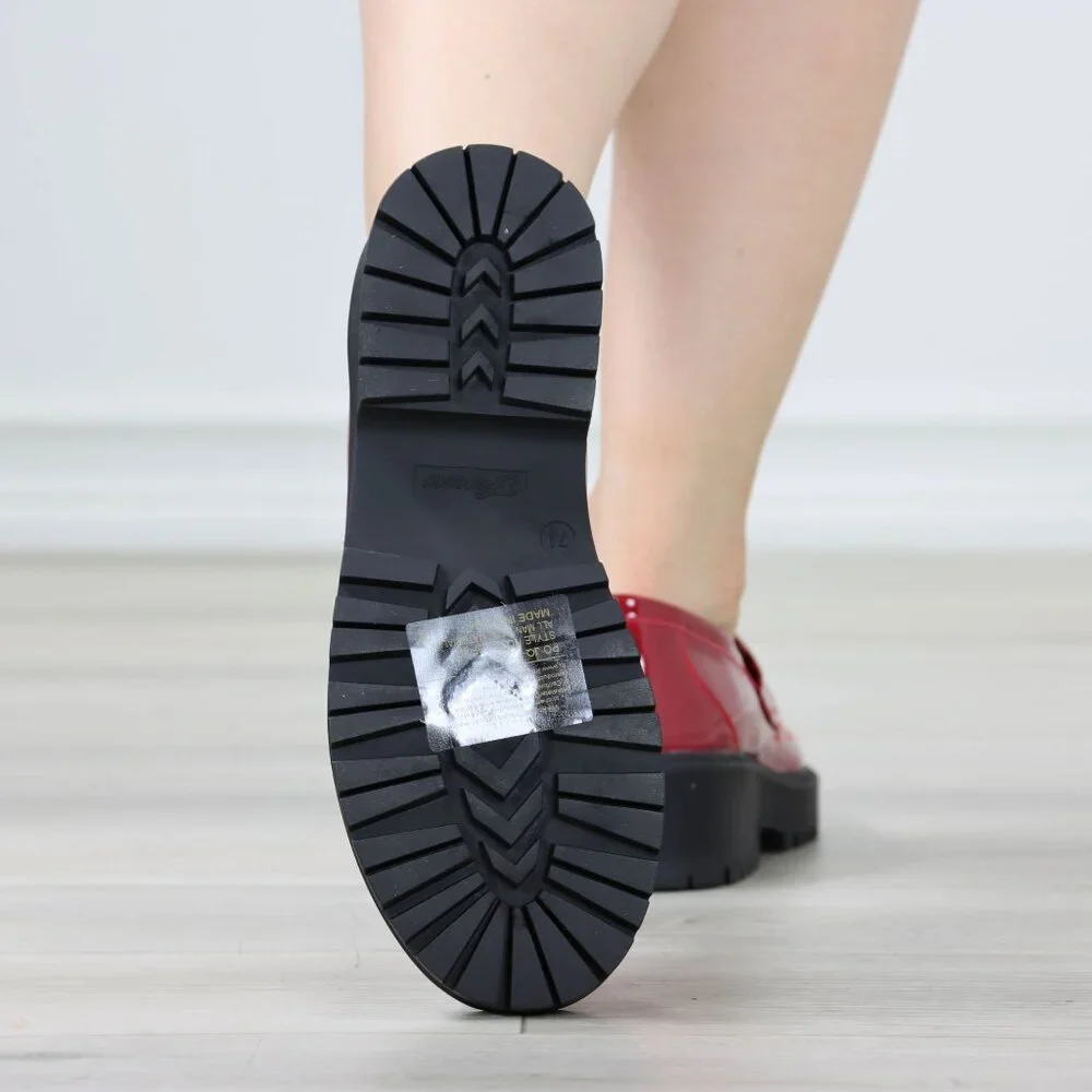 Womens Chunky Penny Loafer Lug Sole Slip On Platform Red Patent - Picture 11 of 16